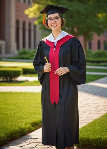 Mature lady, graduate, solo, (25yo), short hair, glasses, elegant smile, black graduation gown, white collar, golden tassel, red honor cord, holding diploma, confident posture, standing, university ca