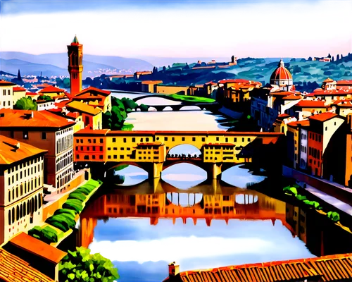 Florence cityscape, Italy, Renaissance architecture, Duomo complex, terracotta rooftops, stone buildings, ornate bridges, Arno River, sunny afternoon, warm lighting, 3/4 composition, shallow depth of 