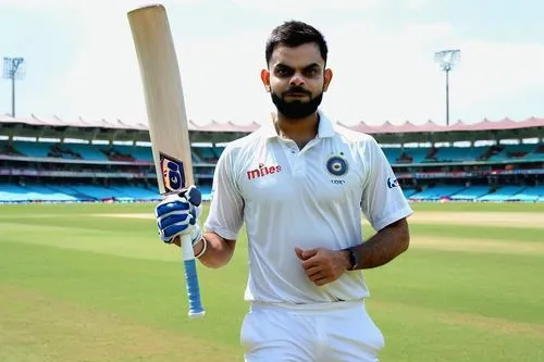 Virat Kohli, Indian cricket team captain, athletic build, short black hair, strong facial features, intense eyes, nose ring, casual wear, white cricket jersey, blue denim pants, sports shoes, holding 