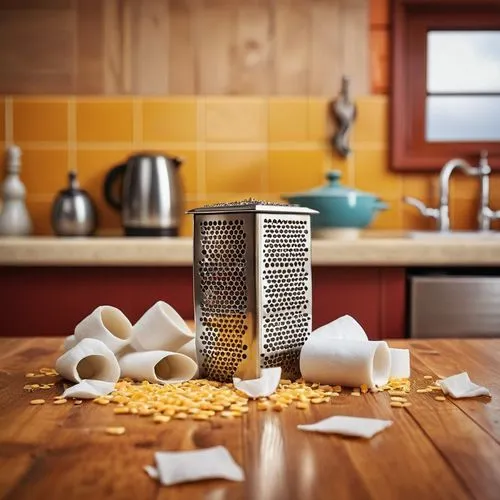 Quirky kitchen scene, cheese grater center, surrounded by rolls of toilet paper, colorful ceramic tiles, warm lighting, shallow depth of field, 45-degree angle, worn wooden table, scattered crumbs, fe