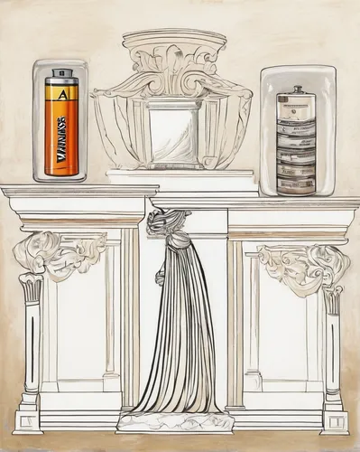 Write a humorous skit where an AA battery competes with other household items in a talent show.,apothecary,sideboard,mantel,armoire,coffee tea illustration,mantle,pantry,cabinet,corinthian order,cabin