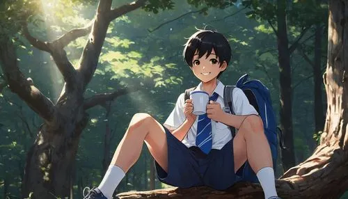 Mugicha, Shota, Japanese boy, big brown eyes, short black hair, cute facial expression, school uniform, white shirt, dark blue shorts, backpack, holding a mug, happy smile, sitting on a tree stump, fo