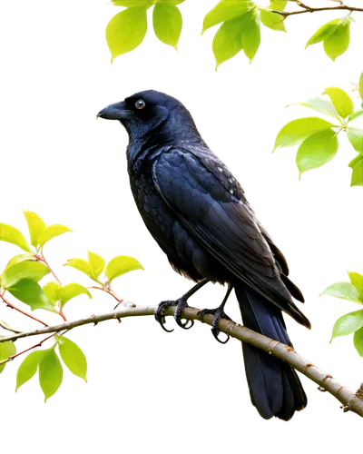 Black crow, solo, glossy feathers, sharp beak, bright eyes, perching on branch, dark wings spread wide, morning dew, soft sunlight filtering through leaves, 3/4 composition, shallow depth of field, wa