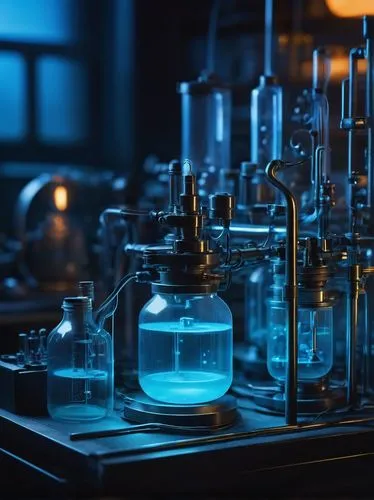 Stable diffusion, futuristic laboratory, sci-fi setting, sleek metal equipment, glass containers, tubes, wires, complex machinery, soft blue glow, subtle steam effect, mysterious atmosphere, close-up 