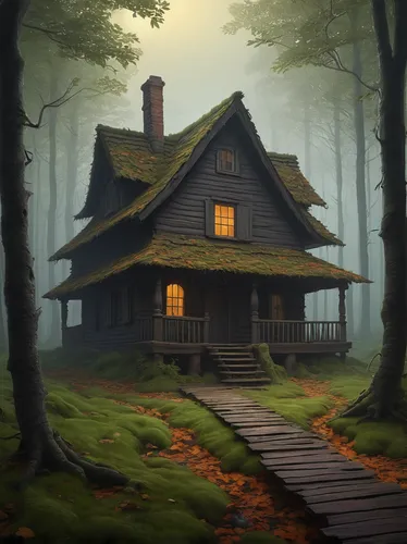 Create a spooky abandoned cottage in a misty forest with creaky floorboards.,house in the forest,witch's house,lonely house,little house,wooden house,witch house,small house,cottage,small cabin,log ho