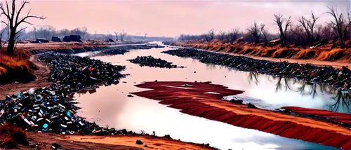 Polluted landscape, dead trees, littered trash, plastic bottles, broken glass, rusty cans, oil drums, polluted river, murky water, industrial waste, smoky factories, abandoned vehicles, cracked earth,