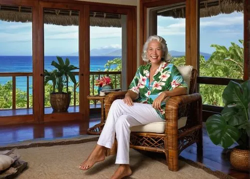 Hawaiian style living room, tropical atmosphere, mature lady, 30s, relaxed pose, sitting on a wooden woven chair, floral patterned Hawaiian shirt, flowy white pants, bare feet, flower garland in hair,