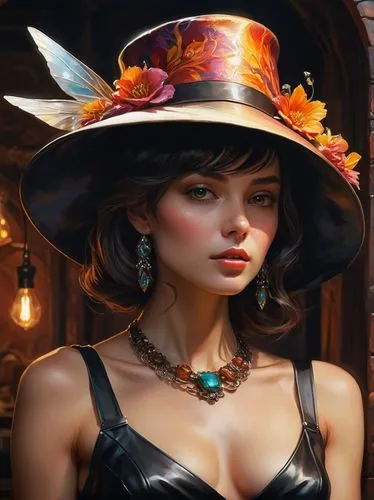 the hat-female,the hat of the woman,leather hat,woman's hat,viveros,ladies hat,black hat,millinery,women's hat,straw hat,fantasy portrait,milliner,witch's hat icon,triss,womans hat,high sun hat,sun hat,witch hat,noblewoman,headdress,Conceptual Art,Fantasy,Fantasy 04