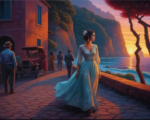 hildebrandt,girl in a long dress,serenata,vettriano,promenade,girl in a long dress from the back,fantasy picture,venetians,romantic scene,habanera,la violetta,summer evening,world digital painting,nestruev,follieri,night scene,portofino,venetian,girl walking away,evening atmosphere,Illustration,Realistic Fantasy,Realistic Fantasy 25