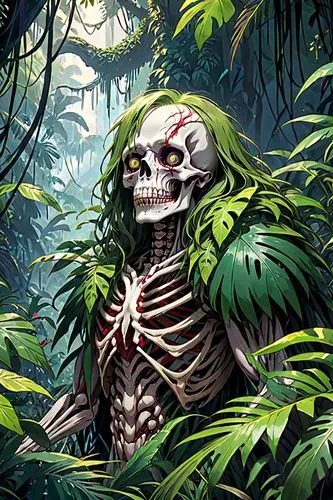 skull illustration,background ivy,vintage skeleton,skeletal,boneparth,floral skull,human skeleton,yasuni,boho skull,digital illustration,skull allover,skelemani,skeleton,skulk,poisonous plant,verdant,tiki,skelly,death's head,jungle,Anime,Anime,General