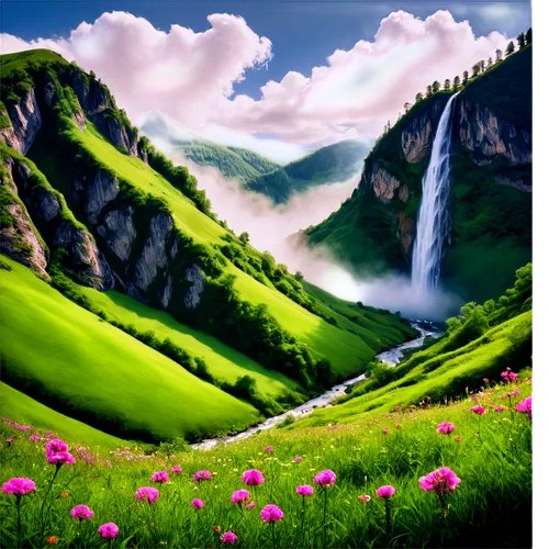 Serene landscape, misty mountains, lush green forest, sparkling waterfall, vibrant flowers, sunny meadow, fluffy white clouds, dramatic lighting, cinematic composition, panoramic view, warm color tone