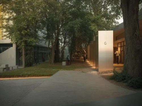 genera un diseño de acceso marcado para esta entrada a una facultad de arquitectura ,a picture of people entering a modern building,zumthor,hejduk,biopolis,augarten,entry path,house entrance,Photograp