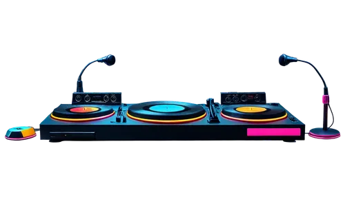 Upbeat background music, lively rhythm, joyful atmosphere, bright colors, dynamic camera movement, panoramic view, shallow depth of field, warm color tone, cinematic lighting, DJ console, microphone, 