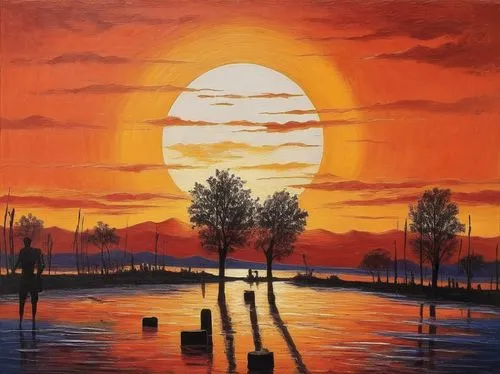 sunset in africa,oil painting on canvas,oil painting,art painting,tramonto,orange sky,dubbeldam,setting sun,unset,oil on canvas,red sun,painting technique,rising sun,sun reflection,evening lake,sunset