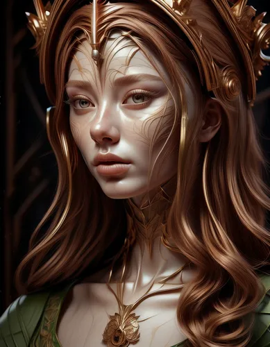 dryad,elven,golden crown,fantasy portrait,wood elf,gold crown,crown of thorns,angelica,crown render,the enchantress,crowned,gold foil crown,seven sorrows,faun,priestess,violet head elf,faery,detail shot,artemisia,sculpt