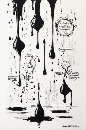 liquids,drips,ink painting,oil flow,drops of milk,tusche indian ink,fluid,oil drop,black water,crude,oil in water,liquid bubble,distillation,water drip,fluid flow,drop of wine,trickle,oil industry,dripping,molecules,Illustration,Black and White,Black and White 34