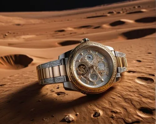 a towering luxury diamond watch, a gleaming silver gold watch hangs on the surface of mars. The intricate details of the watch's intricate carvings are etched into its surface, and a faint glow emanat