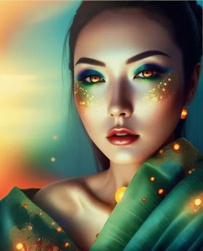 An amazing nude japanese young woman  with red lips and green eyes
,a woman's face with makeup and bright green eye shadow,world digital painting,fantasy portrait,fantasy art,neon makeup,digital paint