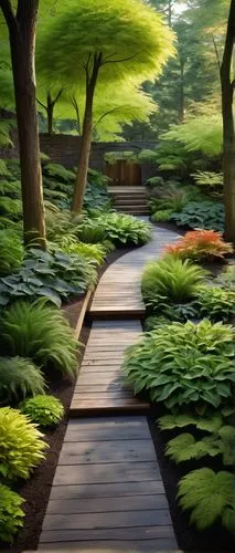 Tall, slender trees, dry shade, architectural plants, Ferns, Hostas, Heuchera, Japanese Maples, ornamental grasses, variegated foliage, rustic wooden benches, natural stone pavement, moss-covered grou