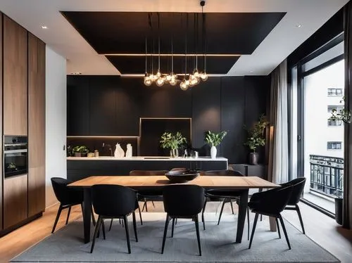 Modern minimalist, apartment in the city center, diningroom, stark color contrasts, dark tones, clean lines, exquisite design, white ceilings, black furniture, wood veneer walls, Modern minimalist, ap