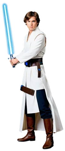 Star Wars theme, May the 4th be with you, Jedi Knight, male, solo, (35yo), determined facial expression, short brown hair, blue lightsaber, white robes, brown belt, boots, standing, heroic pose, cinem