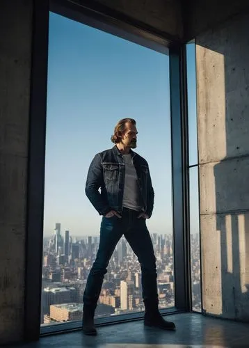 David Harbour, muscular man, 40s, strong facial features, beard, messy short hair, casual wear, black denim jacket, white T-shirt, dark blue jeans, boots, standing, architectural digest magazine in ha