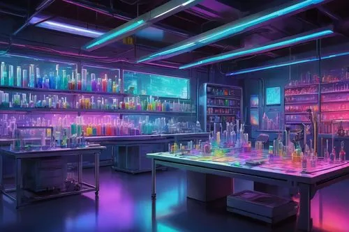 Fantasy AI-generated artwork, futuristic laboratory, neon lights, sleek metal tables, various futuristic gadgets, holographic screens, robotic arms, intricate circuitry patterns, glass containers fill