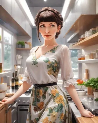 realistic rich colors, very beautiful charming woman in a beautiful, beautiful expressive eyes, ,girl in the kitchen,nanako,foodgoddess,vintage kitchen,star kitchen,floral dress,cheongsam,cucina,koche