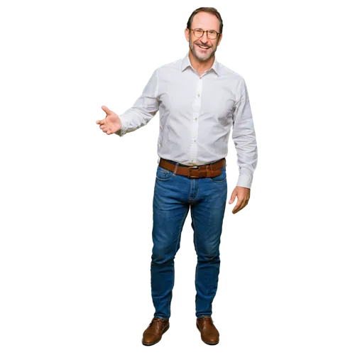 Mature man, father, gentle smile, kind eyes, short brown hair, thinning on top, glasses, casual wear, white shirt, dark blue jeans, brown leather belt, standing, relaxed posture, subtle facial wrinkle