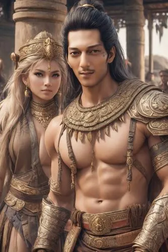 aladha,aladin,ramayan,ramayana,male elf,breastplate,navel,mother and father,sikaran,warrior east,male character,rupee,warriors,husband and wife,abs,pharaohs,artemis temple,massively multiplayer online role-playing game,couple goal,shiva,Photography,Realistic