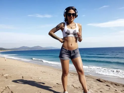 a woman with a headphones is on the beach,tayrona,jinglei,hyori,beach background,laurina,miss vietnam