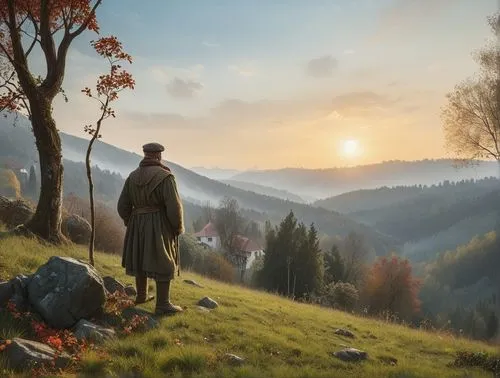 world digital painting,the wanderer,shepherd,autumn morning,transylvania,landscape background,autumn landscape,east-european shepherd,one autumn afternoon,autumn background,autumn idyll,pilgrim,bohemi