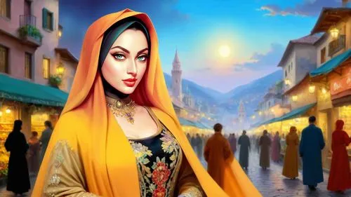 Romantic masterpiece oil painting, beautiful girl portrait, abaya dress, nostalgic 1950's style kitsch, breathtaking beautiful epic vast landscape, majestic scenery, street bazaar marketplace, highly 