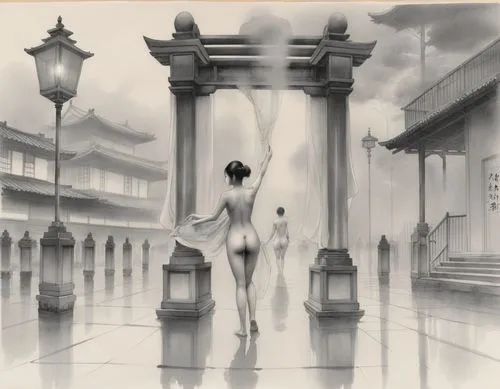 white temple,qixi,wenzhao,zuoying,bathhouse,oriental,oriental painting,oriental girl,yanzhao,wenhao,oriental princess,qibao,world digital painting,jianying,yonghao,asian architecture,asian vision,concubine,bathhouses,youliang,Illustration,Paper based,Paper Based 30