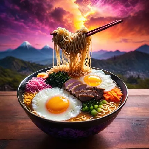 A single close up magical ramen noodle bowl on a table with (perfect heart shaped Steaming hot moldy ramen noodles, Japanese-style) The (sun is rising) in the background, casting (ethereal golden ligh