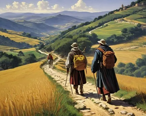 pilgrims,goatherd,rural landscape,travelers,east-european shepherd,basotho,grain harvest,campagna,grant wood,farmers,khokhloma painting,tuscan,agriculture,agricultural,hikers,paddy harvest,barley cultivation,monks,piemonte,sapa,Art,Classical Oil Painting,Classical Oil Painting 42