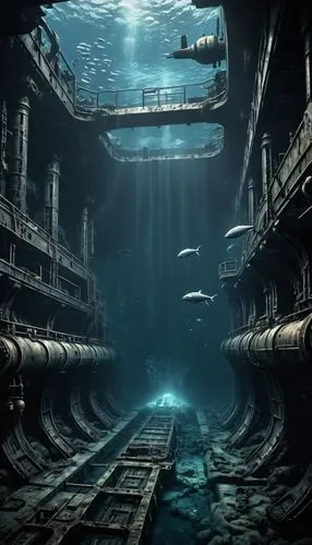 underwater playground,undersea,waterworld,atlantis,sea trenches,underwater background,underwater landscape,subkingdom,subterranea,underwater oasis,sunken ship,deep sea,ocean underwater,deep ocean,sunken church,depths,aquaculture,undock,ocean floor,atlantica,Conceptual Art,Fantasy,Fantasy 33