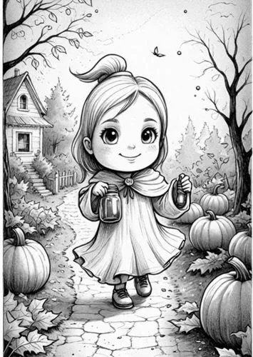 : Design Sketch-Rough Outline ,a girl with pumpkins standing on the road,halloween illustration,halloween line art,little red riding hood,autumn icon,coloring page,autumn theme,Design Sketch,Design Sk