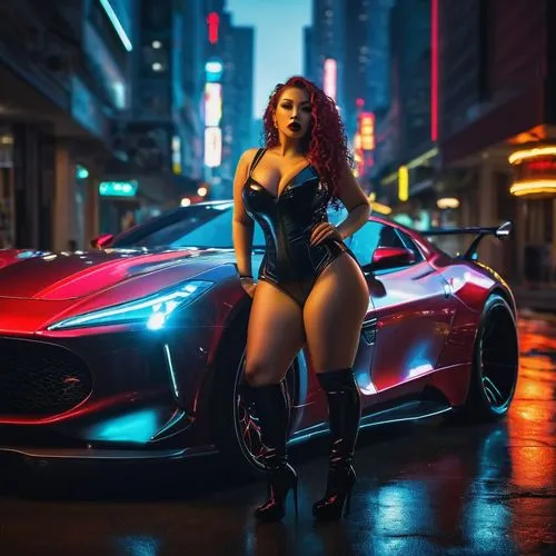 Cyberpunk cityscape, neon lights reflecting off wet pavement, futuristic skyscrapers, SSBBW (Sexy Strong Beautiful Busty Woman), 25yo, athletic build, toned legs, waist trainer, high heels, latex body