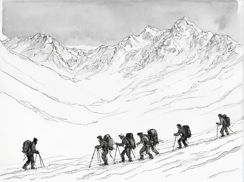 ski mountaineering,ski touring,crampons,trekking poles,mountaineers,cross-country skiing,hikers,skiers,ski race,karakoram,cross country skiing,nordic skiing,trekking,mountain guide,everest region,pamir,piste,mountain rescue,people walking,montblanc,Illustration,Paper based,Paper Based 22