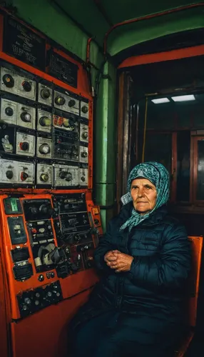 Georgia. Chiatura City. A cable car controller on her night shift. Cable cars are dated back at Soviet era. It was build to tranport mineworkers up and down the mine.  60 years later it is still runni