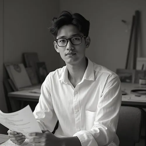 a person sitting at a table holding a piece of paper,samcheok times editor,trungpa,pakorn,han thom,kriengsak,kaew chao chom