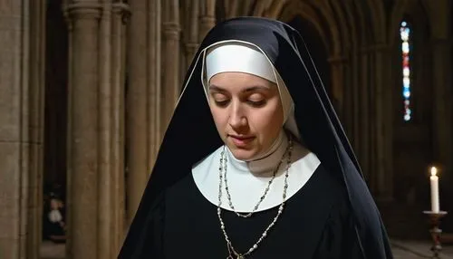 Catholic nun, habit, wimple, white coif, rosary, gentle smile, kind eyes, soft facial features, subtle blush, simple yet elegant clothing, long sleeves, floor-sweeping skirt, veil, praying, kneeling, 