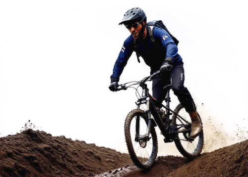 Mountain bike, rugged terrain, strong muscular male rider, helmet, sunglasses, gloves, athletic wear, mud-splattered legs, dynamic pose, jumping over obstacles, racing down steep hills, morning mist, 