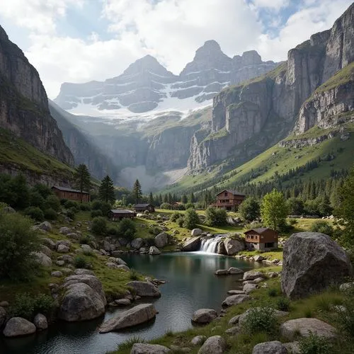 alpine landscape,oberland,fantasy landscape,alpine village,mountain landscape,rendalen,mountain settlement,gondolin,mountain valley,kandern,landscape background,mountainous landscape,mountain scene,alpine region,mountain spring,salt meadow landscape,landscape mountains alps,the alps,mountain village,mountain valleys