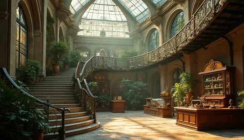 Art Nouveau inspired science center, grand staircase with ornate metal railing, intricate glass ceiling, elegant curved lines, lush green plants, warm soft lighting, afternoon sunbeams, subtle shadows