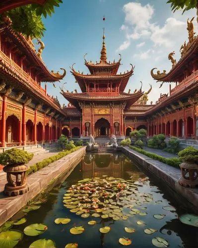 water palace,asian architecture,hall of supreme harmony,summer palace,shanghai,the golden pavilion,dragon palace hotel,palyul,asia,lotus pond,vietnam,water lotus,tianxia,baan,jiangnan,tianyang,hanoi,chengdu,buddhist temple,nanjing,Conceptual Art,Fantasy,Fantasy 27