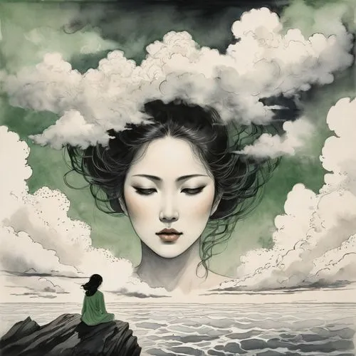 the wind from the sea,ugetsu,jianfeng,green smoke,diwata,guanyin,Illustration,Paper based,Paper Based 30