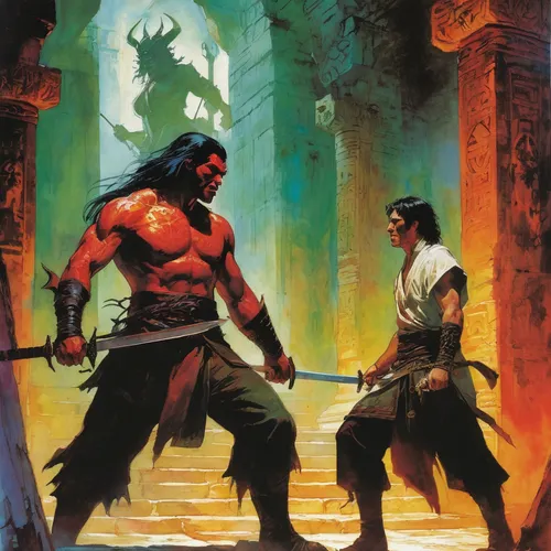 hellboy,warrior and orc,splitting maul,heroic fantasy,maul,swordsmen,guards of the canyon,swordsman,game illustration,orientalism,vilgalys and moncalvo,mulan,half orc,darth maul,confrontation,guide book,barbarian,warrior east,sword fighting,xing yi quan,Illustration,Paper based,Paper Based 12