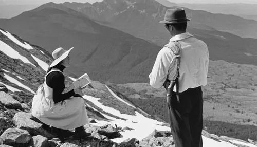 Craft an adventurous proposal during a hiking trip.,mountaineers,alpine hats,summit,the spirit of the mountains,alpine crossing,vintage boy and girl,vintage man and woman,alpine climbing,tatry,girl an